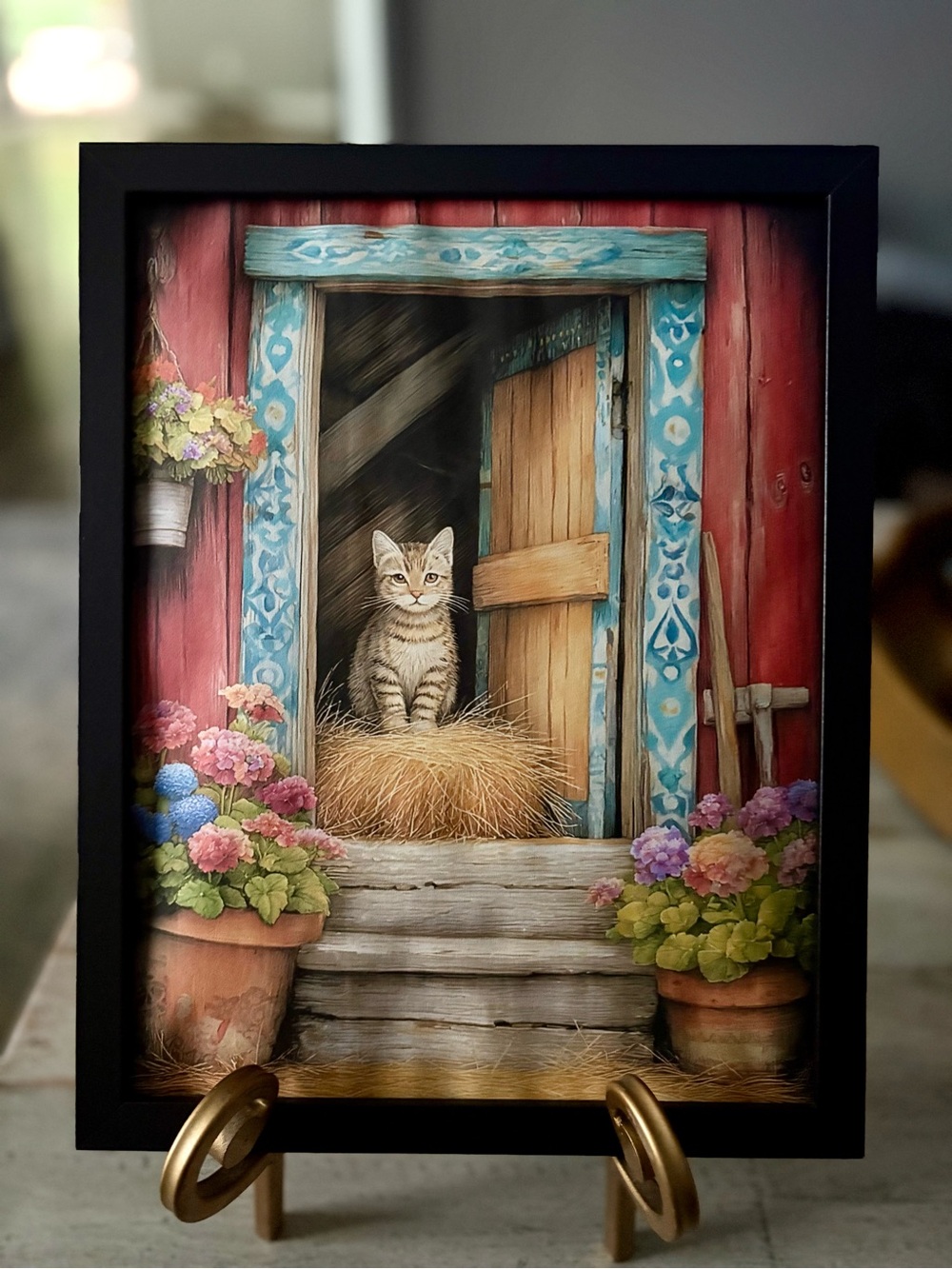 Framed 8x10 Cat in Barn Door Home Art Print